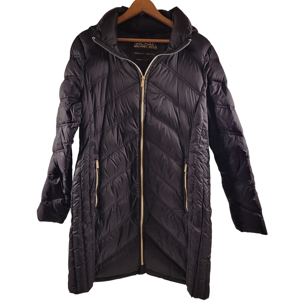 Michael Kors Puffer Jacket Women L Black Excellent Packable Down Quilted Hooded